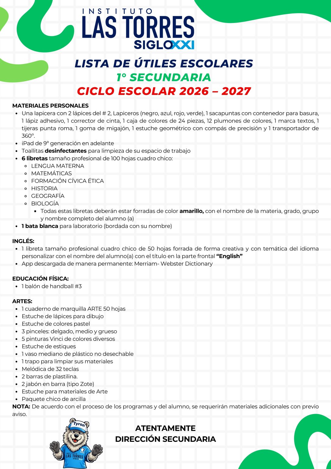 LISTAS DE ÚTILES CICLO ESCOLAR 2026-2027 - Instituto Las Torres Siglo XXI